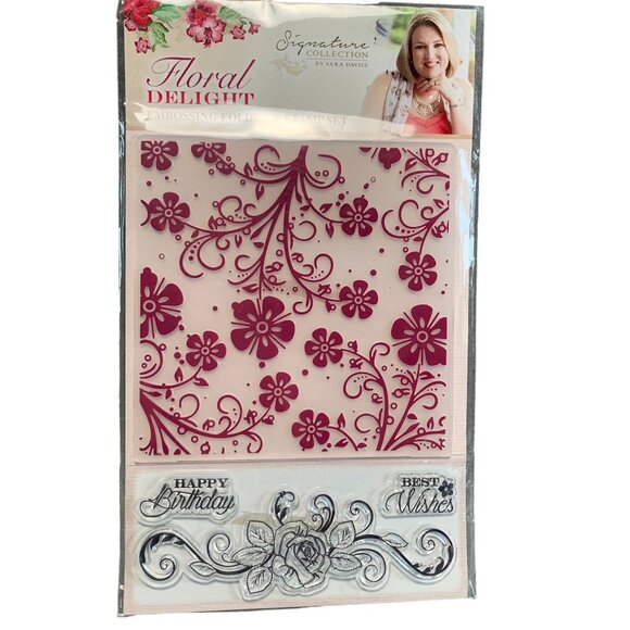 Sara Davies Embossing Folder & Stamp Set Floral Delight Happy Birthday/Best Wish - Picture 1 of 5